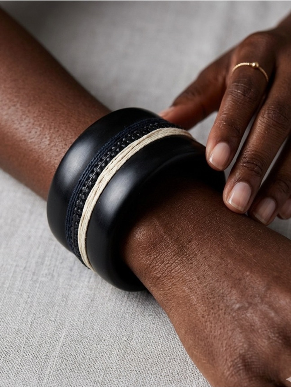 Handcrafted Artisan Chunky Black and Cream Statement Bangle Bracelet